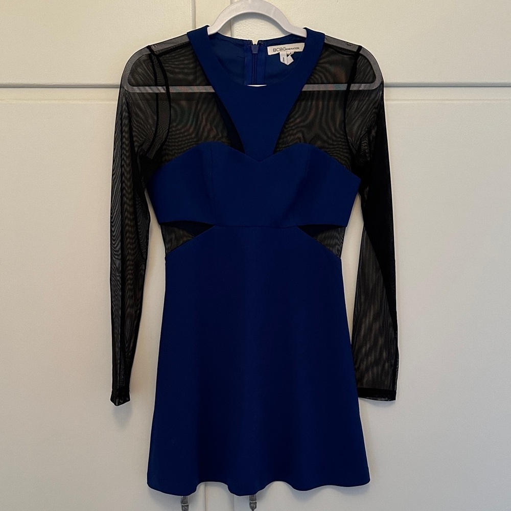 LIKE NEW BCBG Mini Cutout Mesh Blue and Black Dress